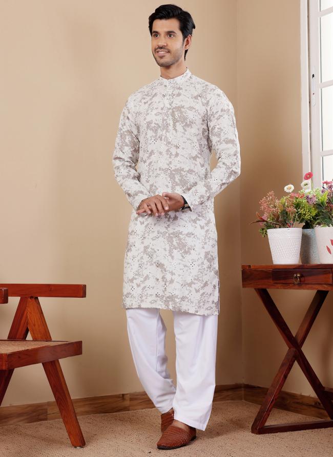 Viscose Off White Traditional Wear Embroidery Work Readymade Kurta Pajama